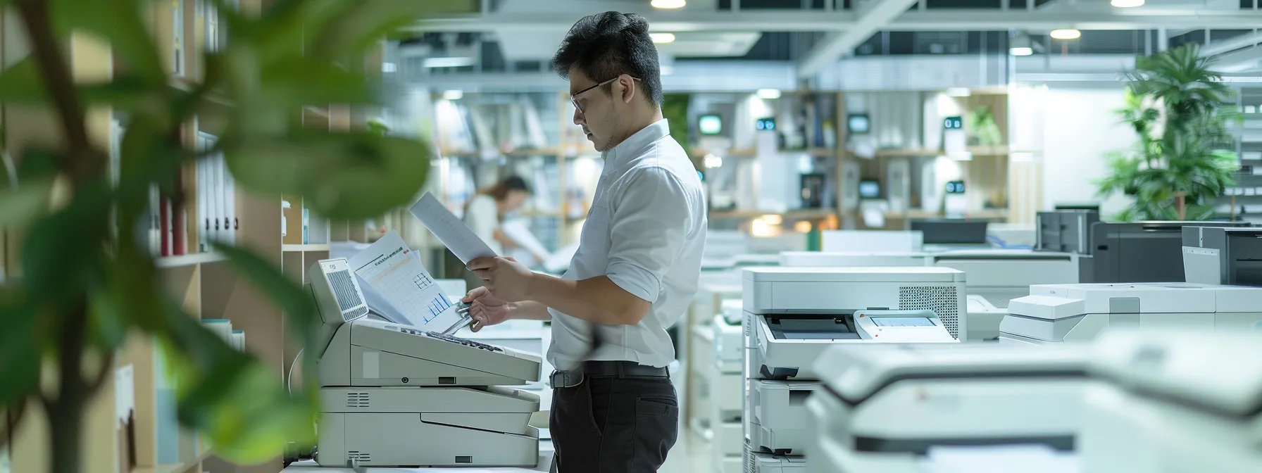 a sleek, modern office space is filled with a meticulously arranged assortment of printers and copiers, while a focused professional reviews a detailed checklist and documents related to copier lease return procedures, illuminated by bright indoor lighting that highlights the efficiency of the environment.