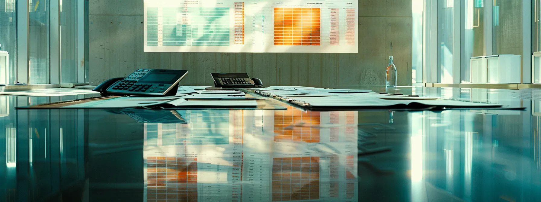 a sleek, modern office space showcases a detailed financial analysis on a large digital screen, highlighting hidden costs associated with copier leases, with financial documents and calculators strategically arranged on a polished conference table.