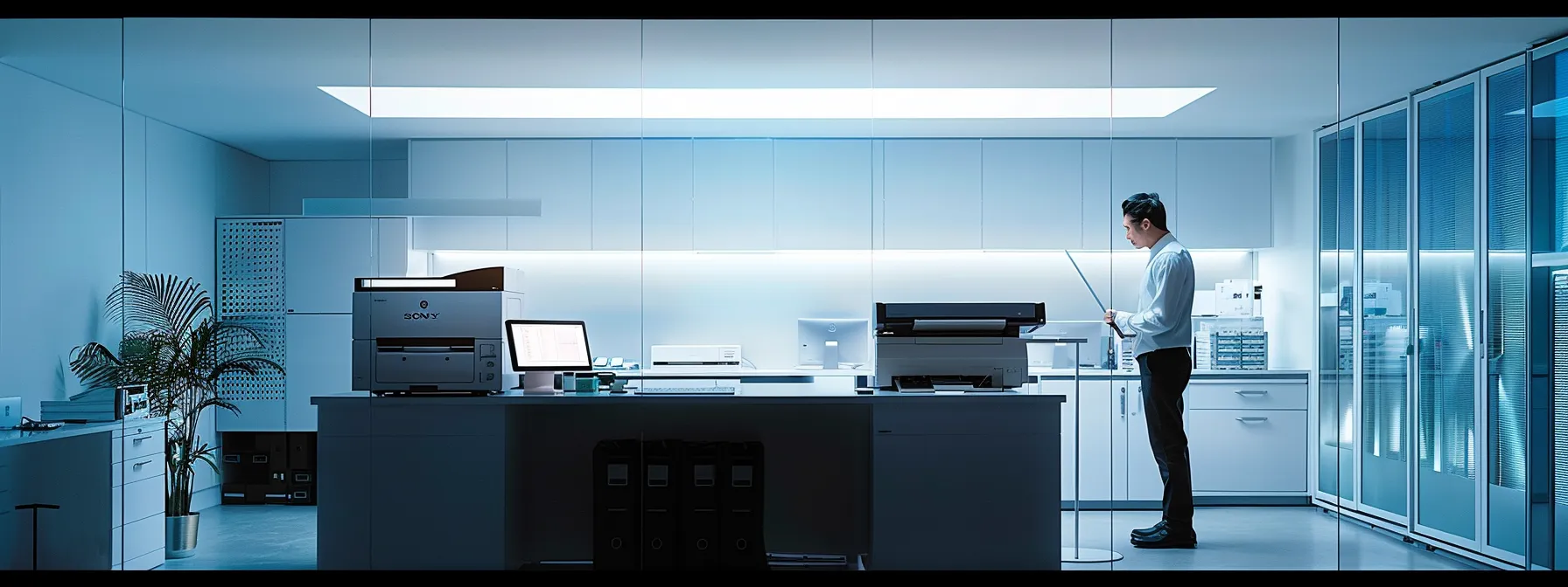 Strengthening Office Security Using Copier Security Features 9 a sleek office environment showcases a modern copier with a high-tech display illuminated by overhead task lighting, while a focused it professional assesses potential security vulnerabilities on a digital tablet, emphasizing the critical importance of safeguarding sensitive data.