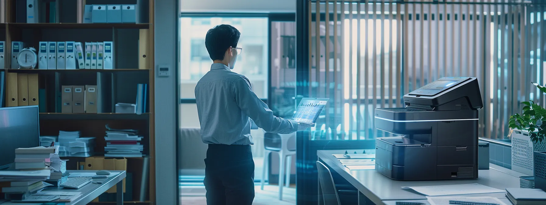 Strengthening Office Security Using Copier Security Features 12 a sleek office environment features a modern copier with a glowing screen showcasing security settings, surrounded by documents and a technician meticulously configuring built-in encryption tools, emphasizing the importance of safeguarding sensitive information.