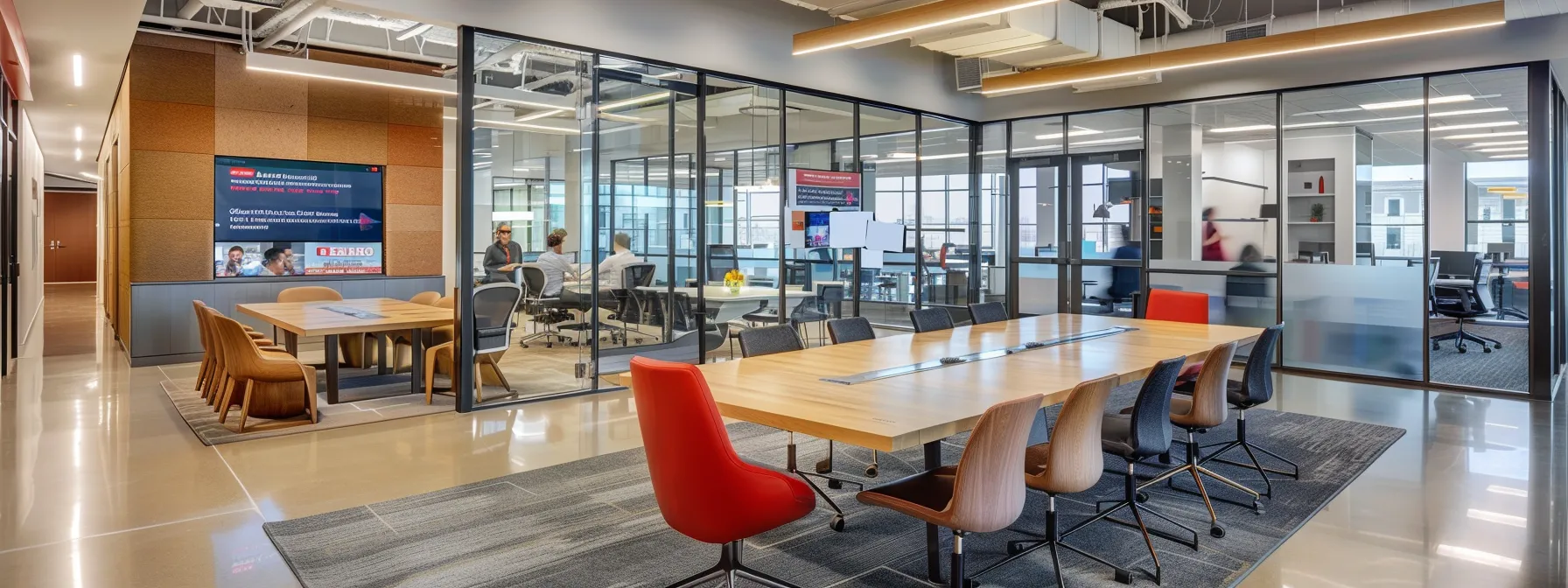 a sleek office interior features a modern conference table surrounded by professionals engaged in a focused discussion, with a large screen displaying a detailed infographic comparing copier lease agreements, highlighting fair market value leases and $1 buyout options.