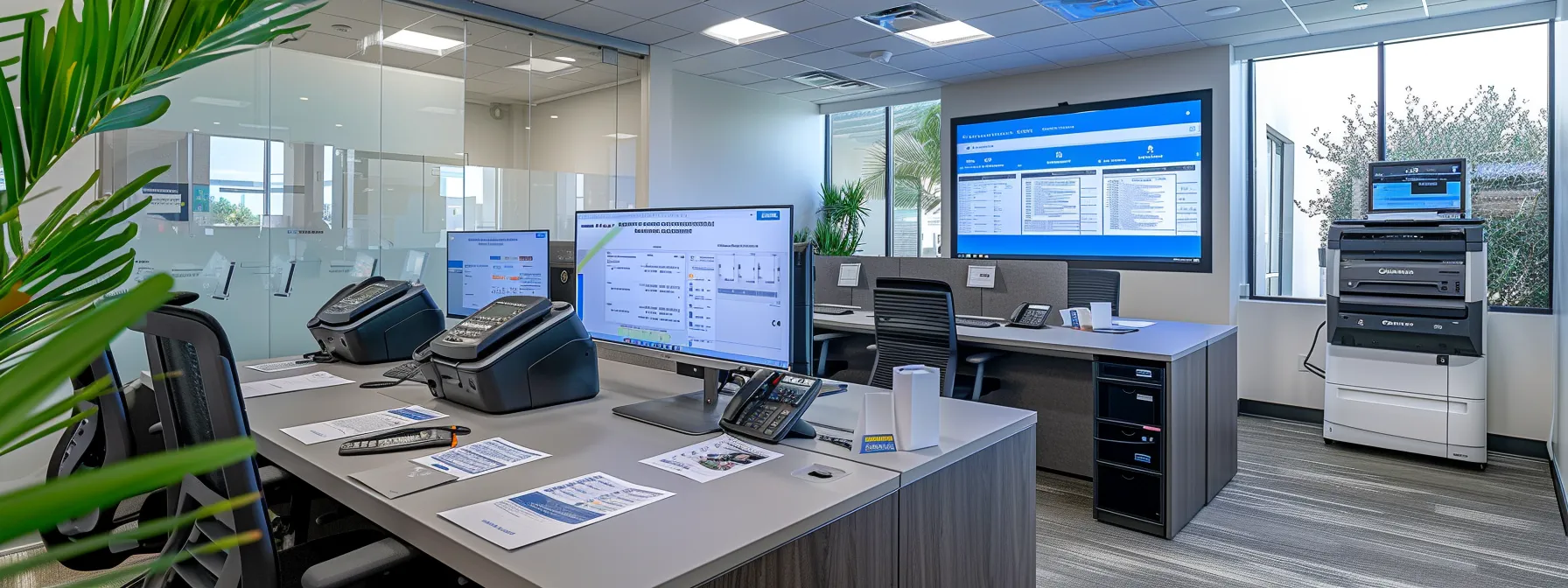 Choosing Copiers for Lease in Thousand Oaks Made Easy 13 a busy modern office in thousand oaks showcases a professional discussing copier lease agreements at a sleek conference table, with detailed documents spread out and a digital presentation highlighting leasing benefits on a large screen behind them.