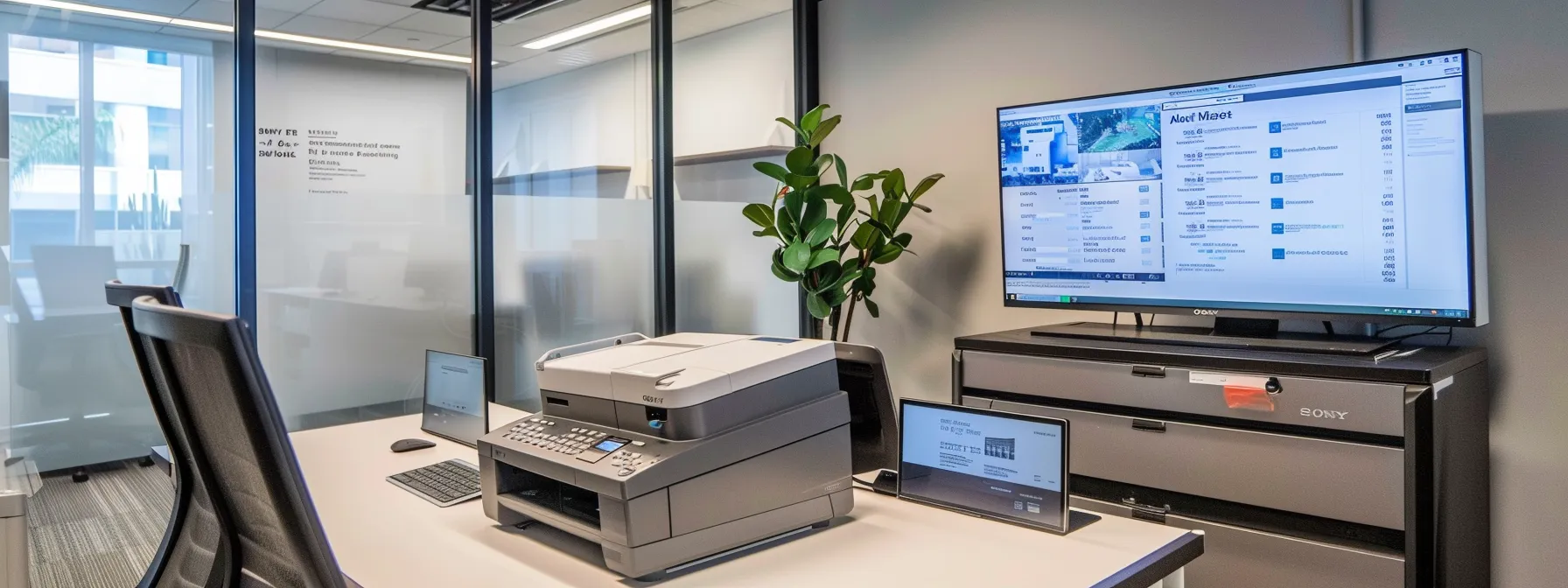 a modern office conference room in thousand oaks, featuring a sleek copier machine poised prominently beside a digital display showing lease terms, illuminated by soft, focused lighting that highlights the professionalism and efficiency of the space.