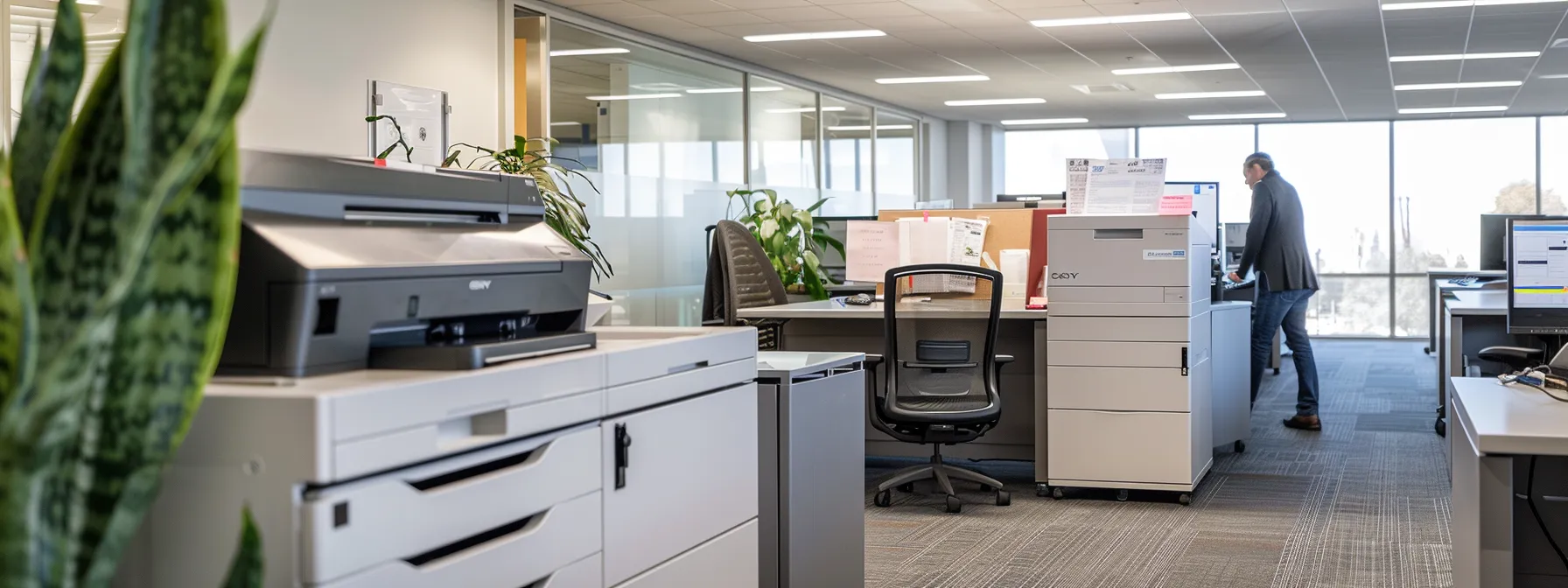 a modern office environment featuring a sleek, multifunction copier surrounded by focused professionals engaged in streamlined operations, emphasizing efficiency and reliability in copier leasing and support services in thousand oaks.