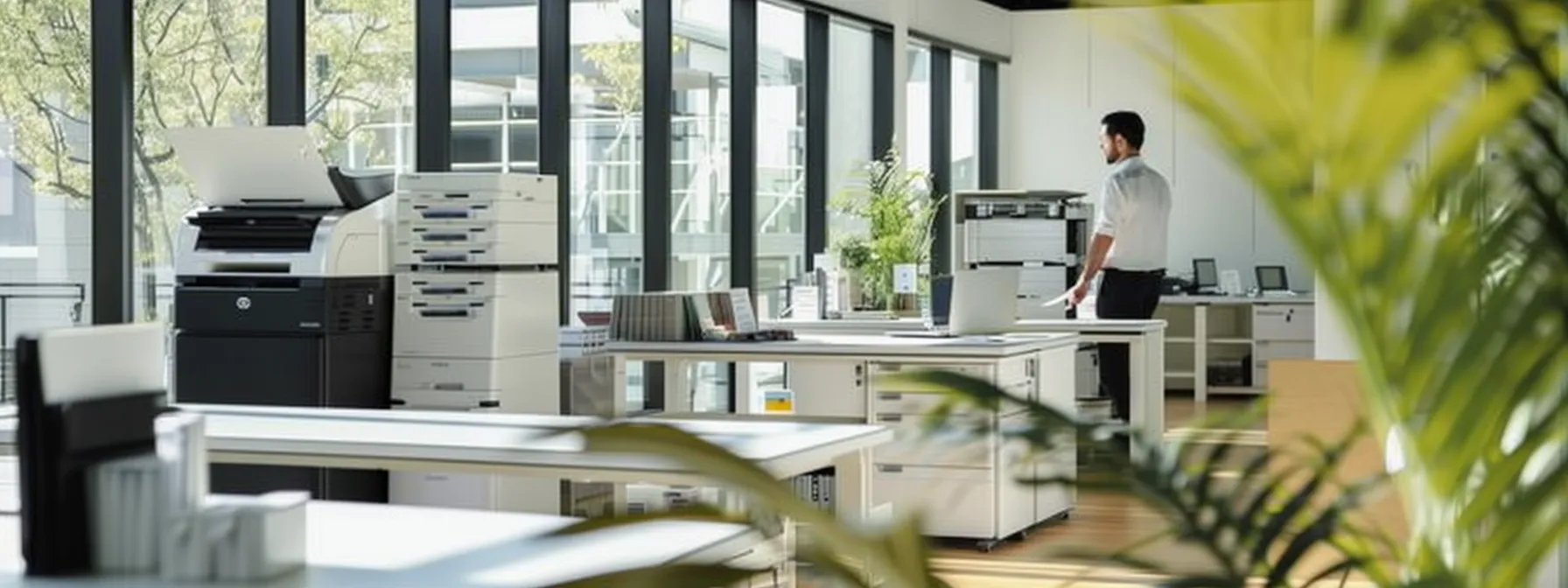 a modern office environment features a sleek copier machine prominently displayed, with a focused technician conducting efficient maintenance amidst advanced technology tools and a tidy workspace, symbolizing streamlined operational efficiency in thousand oaks.