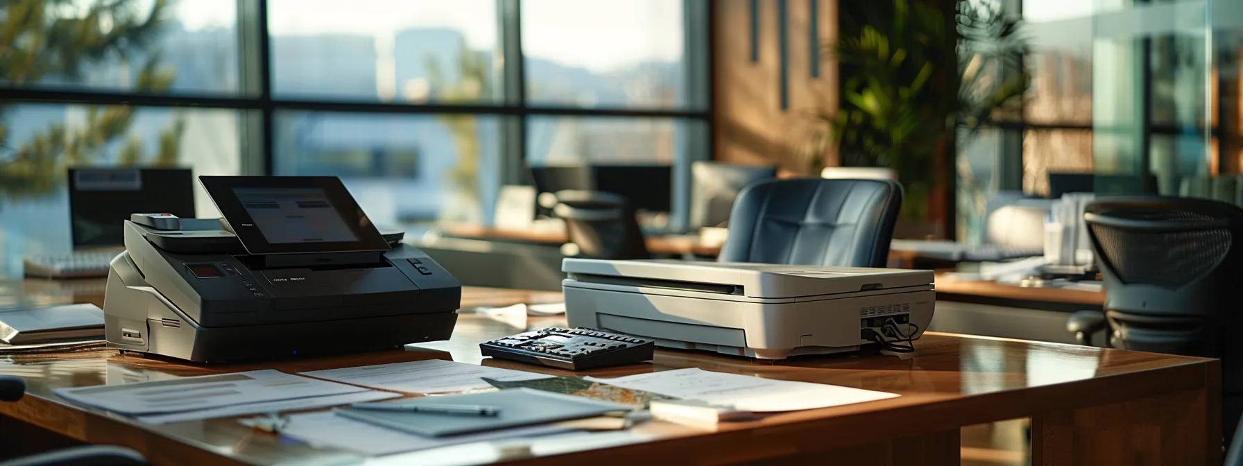 a modern office environment showcases a sleek copier model prominently displayed on a polished conference room table, surrounded by financial documents and a digital tablet, emphasizing the analytical consideration of average lease costs for local businesses in thousand oaks.