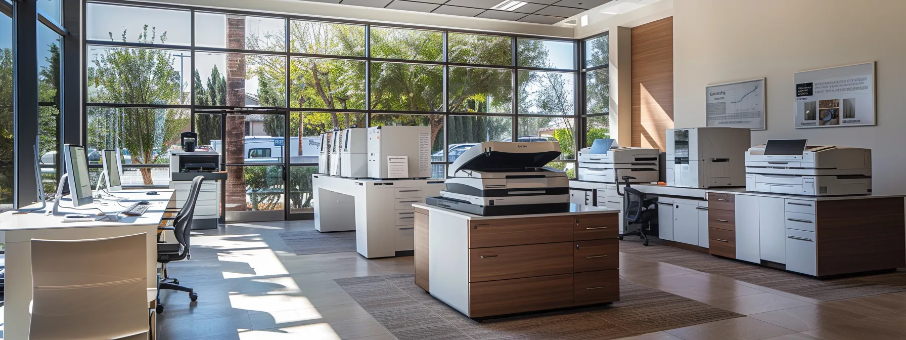 a modern office in thousand oaks showcases a sleek copier fleet with various models on display, emphasizing the dynamic nature of business operations fueled by flexible leasing options and tailored equipment choices.
