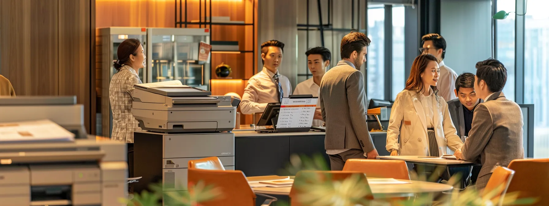 a modern office interior features a sleek copier machine as the focal point, surrounded by professional individuals engaged in a focused discussion, with financial charts and lease agreement documents thoughtfully displayed on a polished conference table, emphasizing the strategic benefits of leasing for tax advantages.