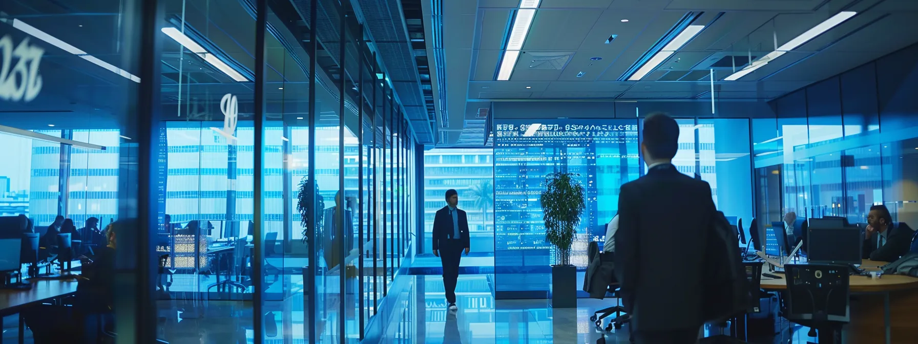 a modern office setting featuring a sleek conference room equipped with a large digital screen displaying competitive copier lease quotes, surrounded by attentive professionals engaged in discussion and focused on decision-making.