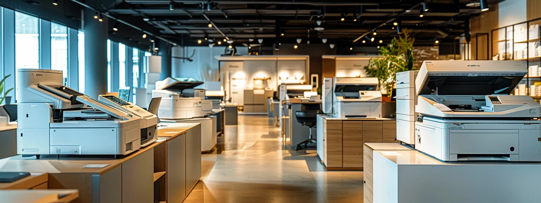 Choosing Copiers for Lease in Thousand Oaks Made Easy 11 a modern office showroom featuring an array of sleek, multifunctional copiers from leading brands like canon, xerox, ricoh, and sharp, illuminated by bright, focused overhead lighting, creating a professional and inviting atmosphere.