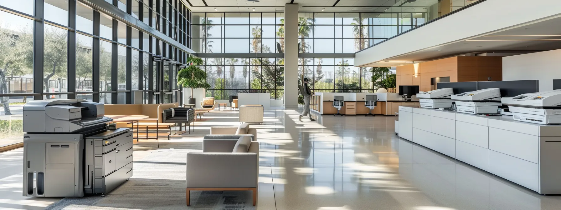 Choosing Copiers for Lease in Thousand Oaks Made Easy 9 a modern office space in thousand oaks features sleek, high-tech copiers prominently displayed, with business professionals engaged in discussions about leasing options, illuminated by bright, focused overhead lighting that enhances the contemporary ambience.