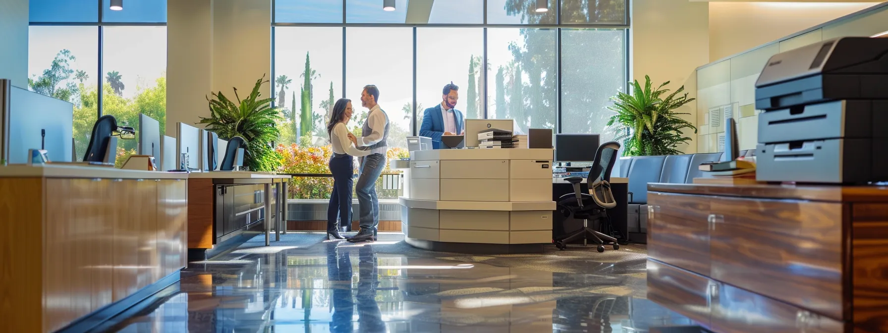 a professional office setting in thousand oaks features a business team engaged in a focused negotiation over copier lease terms, surrounded by documents and modern office equipment, reflecting an atmosphere of strategic decision-making and financial planning.