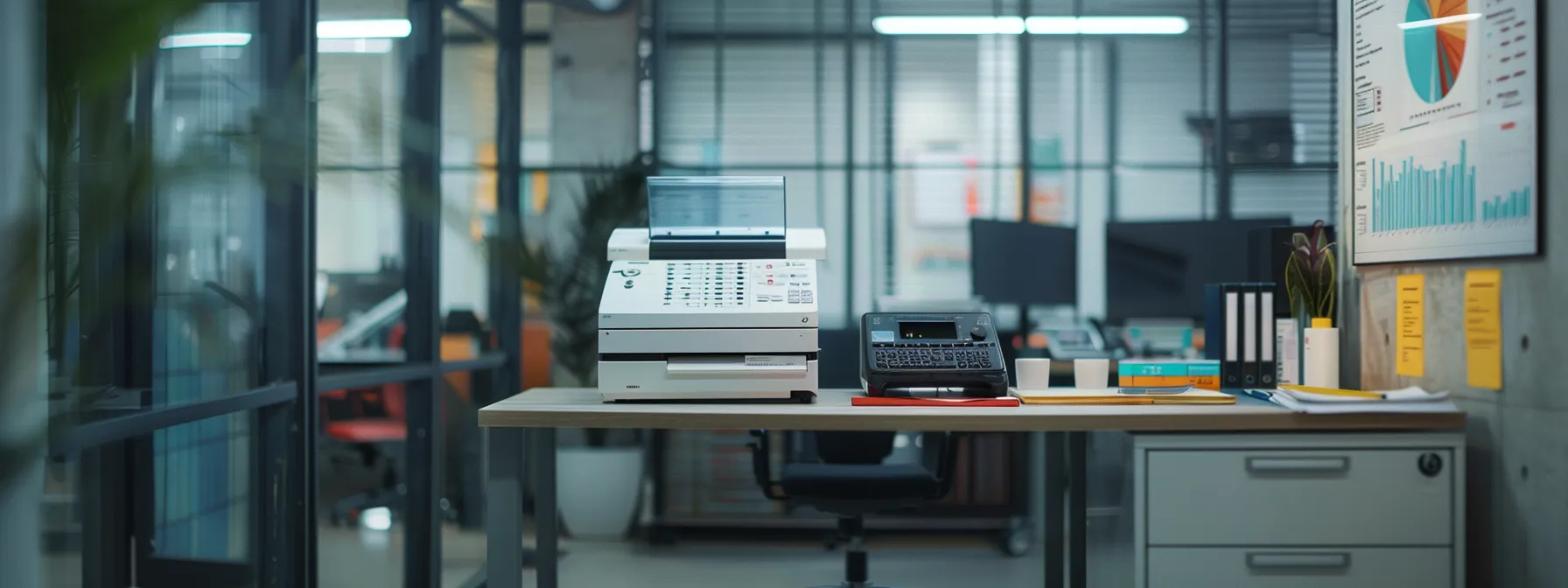 Choosing Copiers for Lease in Thousand Oaks Made Easy 12 a sleek, modern office environment features a high-tech copier prominently displayed, with financial documents and colorful charts on the desk, reflecting the factors influencing lease costs in thousand oaks.