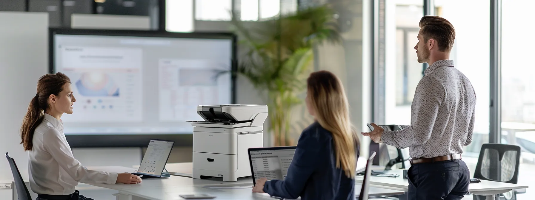 a sleek, modern office environment featuring a professional discussing various copier lease agreements with a digital presentation on a large screen, emphasizing clarity and informed decision-making.