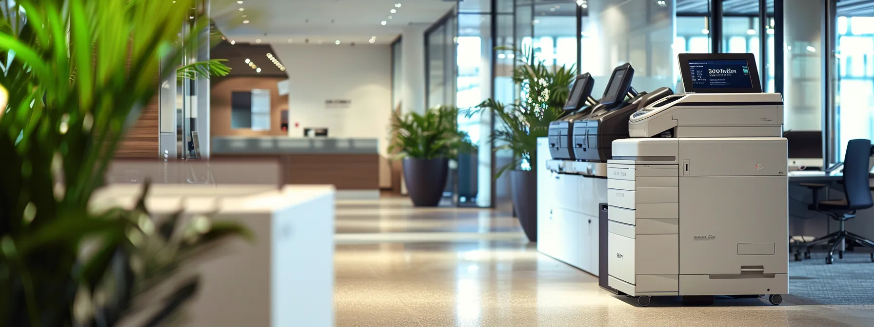a sleek, modern office environment featuring high-quality toshiba and xerox copiers, showcasing fixed monthly payment plans prominently displayed on digital screens, designed to communicate the financial benefits and simplicity of copier leasing for businesses.