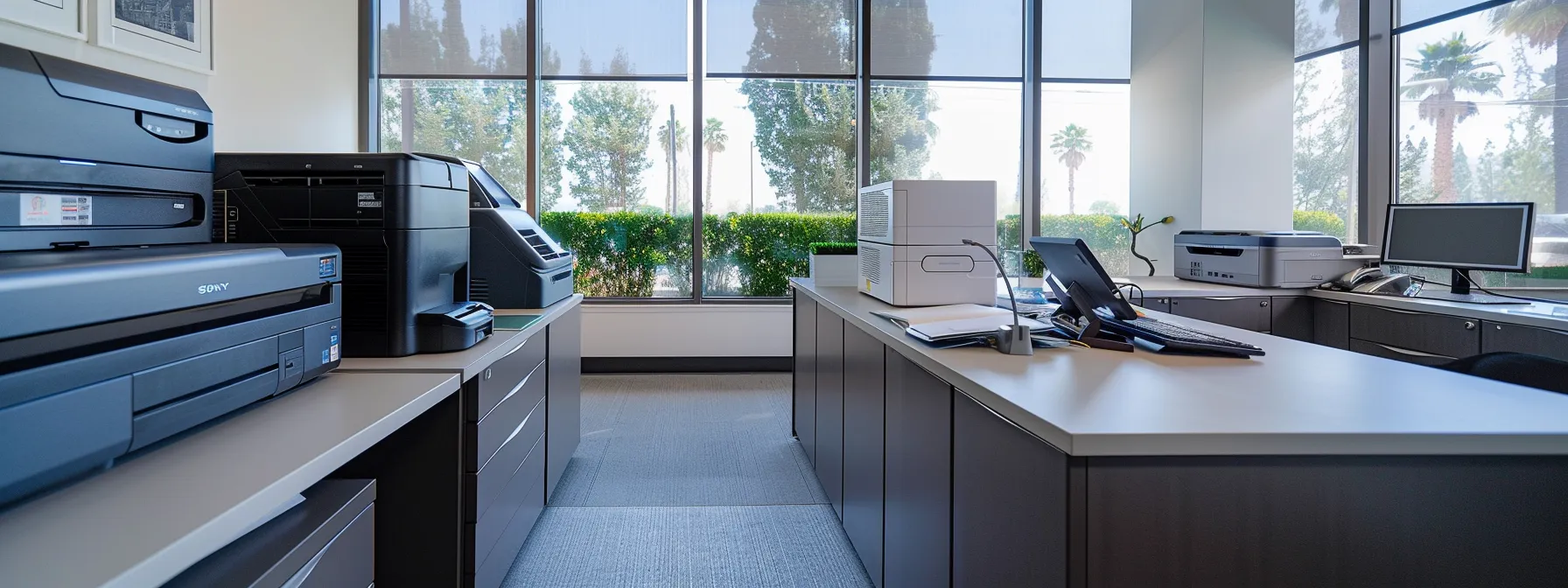 a sleek, modern office in thousand oaks showcases a high-tech copier leasing setup, with neatly organized financial documents on a polished desk, conveying a sense of efficient budget management and financial planning.