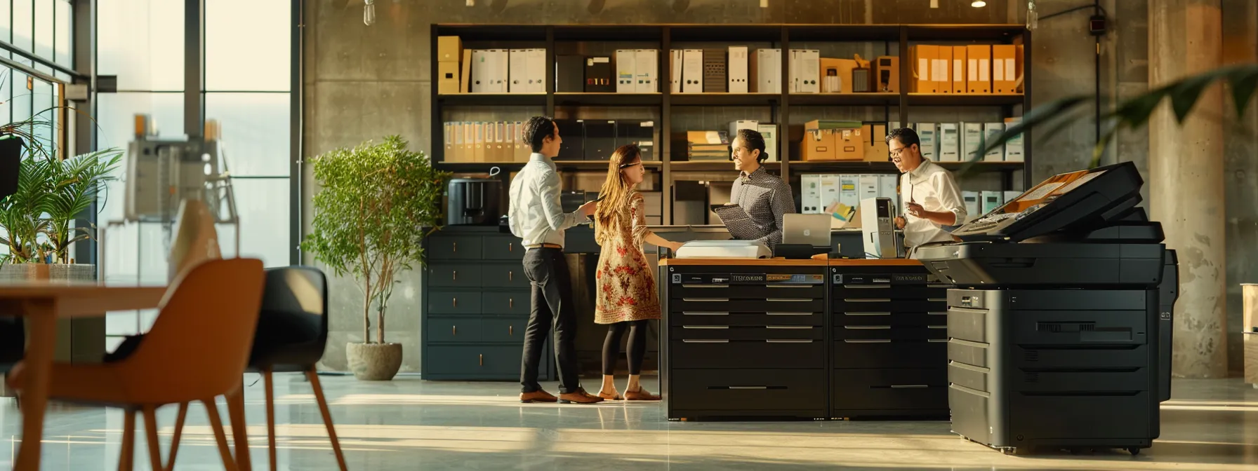 a sleek, modern office setting showcases a diverse group of professionals engaged in a collaborative discussion around a large table, surrounded by high-tech copiers and leasing brochures, emphasizing the importance of informed decision-making in selecting the right copier lease.