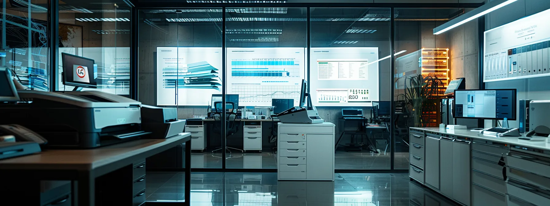 a sleek, modern office space featuring a high-end copier prominently displayed alongside a digital pricing chart, with a focus on various copier models, highlighted service agreements, and color printing options, all under bright, professional lighting.