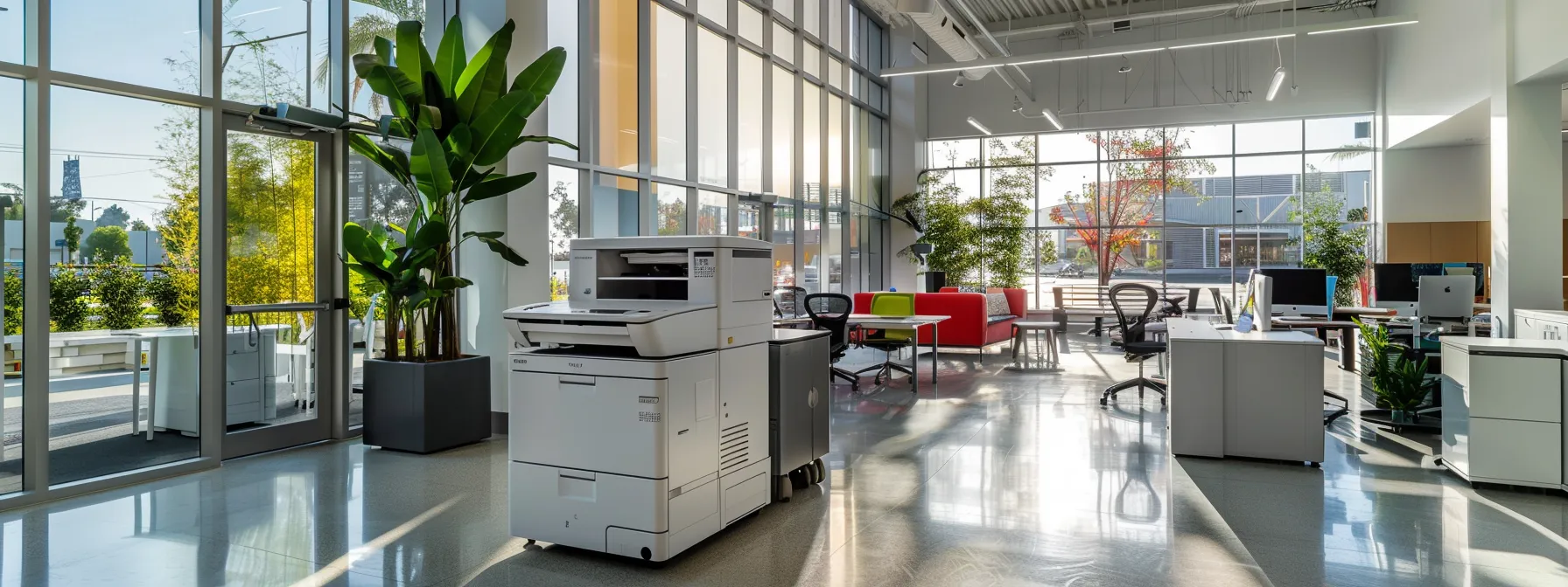 a sleek, modern office space in thousand oaks showcases a high-tech copier prominently displayed in a bright, stylish environment, symbolizing innovative leasing solutions that empower businesses to conserve capital while enhancing efficiency.