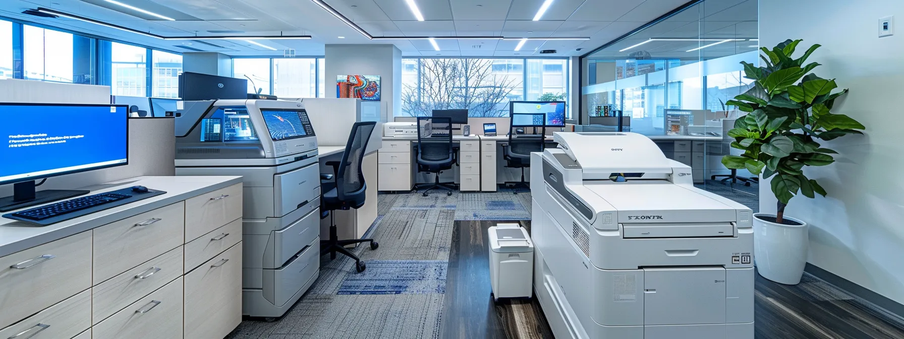 a sleek, modern office space showcases a state-of-the-art xerox copier with vibrant digital displays, emphasizing its advanced features and seamless connectivity amidst a backdrop of organized workstations and contemporary decor.
