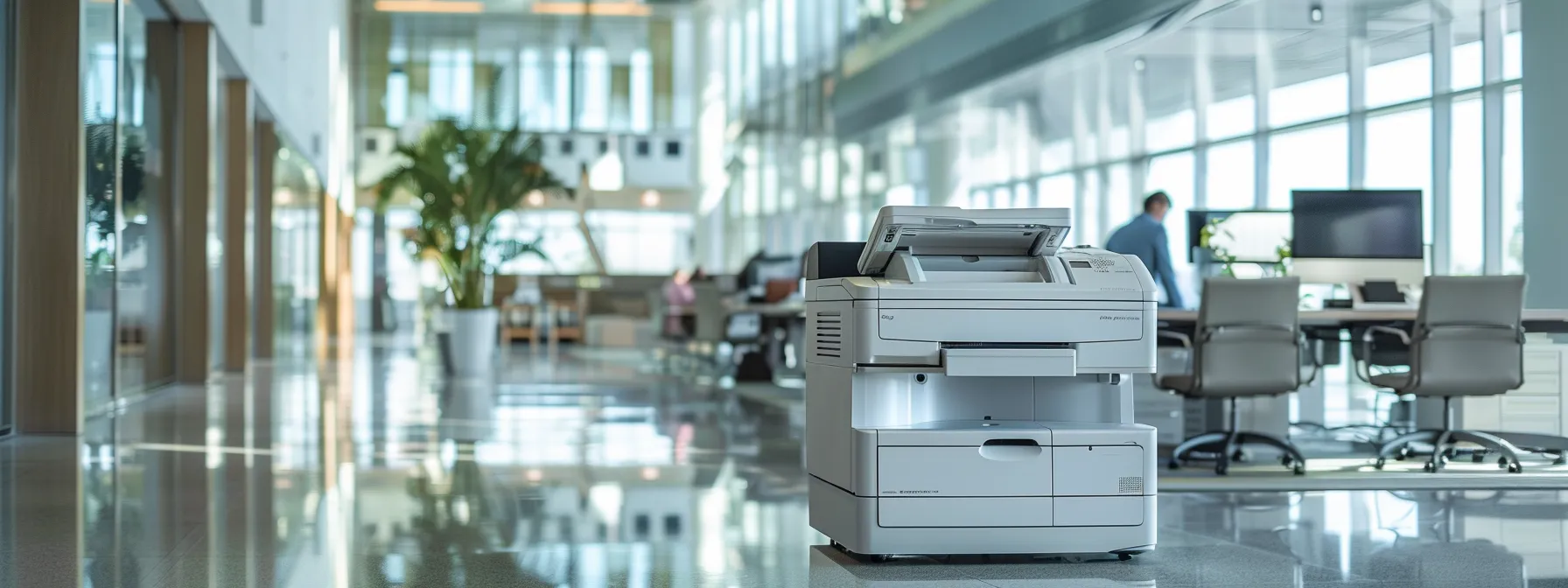 a sleek, modern office space features a high-tech copier machine in the foreground, symbolizing the advanced features and efficiency gained through leasing, with a backdrop of engaged professionals collaborating in a vibrant, productive environment.