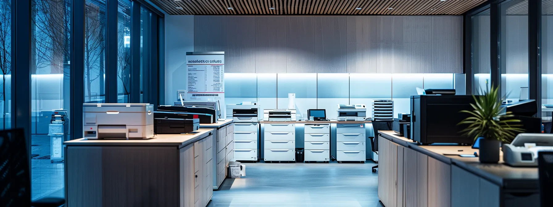 a sleek, modern office workspace is filled with advanced copiers and printers, showcasing a clear display of efficiency and savings through an engaging leasing agreement poster prominently featured on a wall, illuminated by bright, focused overhead lighting.