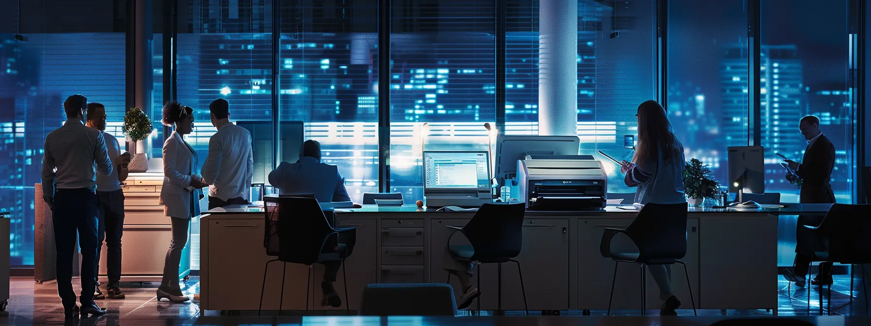 Choosing Copiers for Lease in Thousand Oaks Made Easy 10 a sleek office environment showcases a modern multifunction copier prominently displayed on a polished conference table, surrounded by professionals engaged in a heated discussion about printing solutions, illuminated by bright, artificial light that emphasizes the efficiency and technology of their workflow.