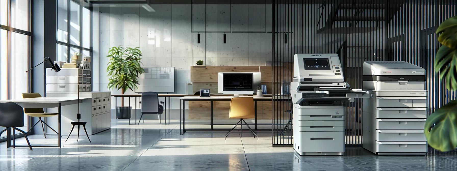 a sleek, modern office environment features a side-by-side comparison of an a3 photocopier and an a4 photocopier, showcasing their distinct sizes and functions with sharp, industrial lighting illuminating their advanced design.