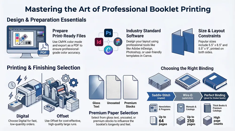 Infographic about Booklet Printing Guide Design, Paper & Binding Tips