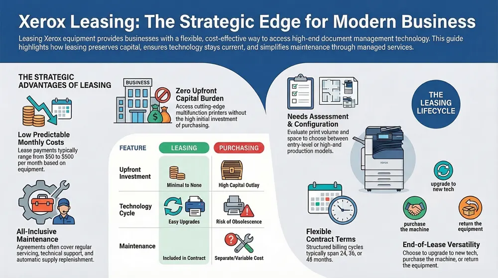 Infographic about Xerox Printer Leasing Affordable Xerox Copier Rentals & Equipment Solutions for Your Business