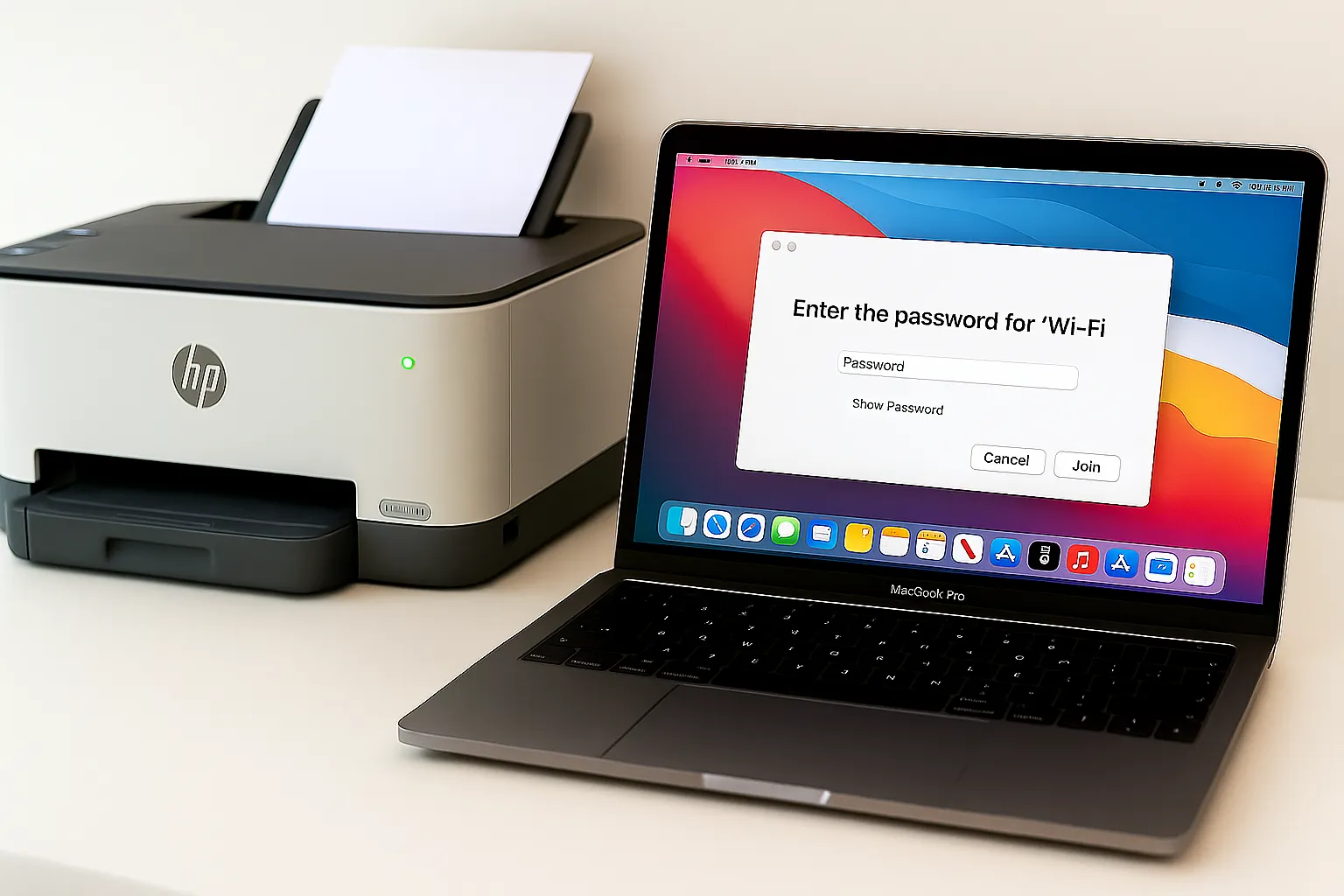 How to Install an HP Printer on Mac: A Business Guide (2025) 10 A Mac laptop next to an HP printer on a desk, ready for setup.