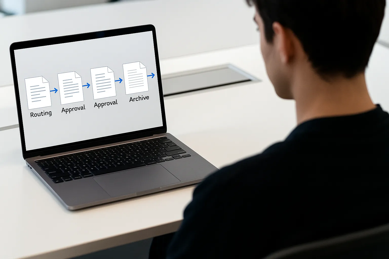 A person at a desk using multiple screens, representing improved efficiency through a document management system