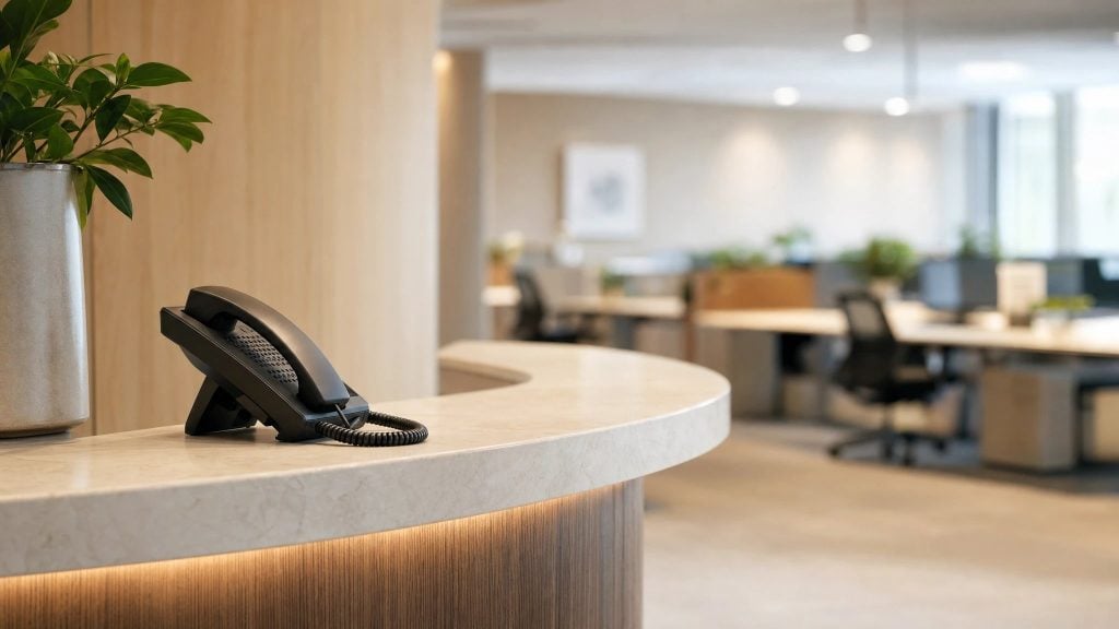 A phone handset on a reception desk representing business call handling