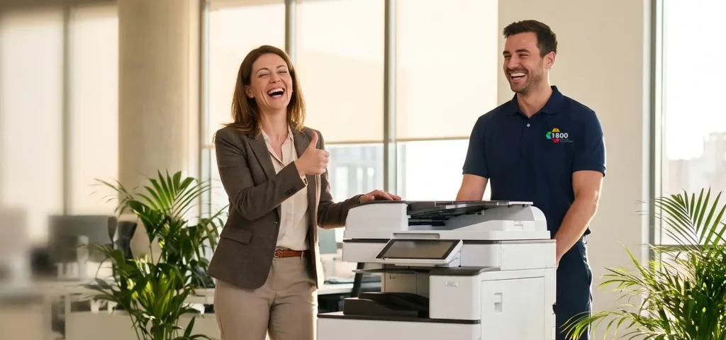 Office manager and a technician with a leased copier
