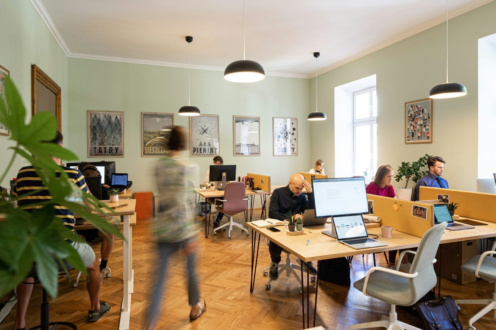 Open-plan office with people working at desks, where call noise and privacy become a problem