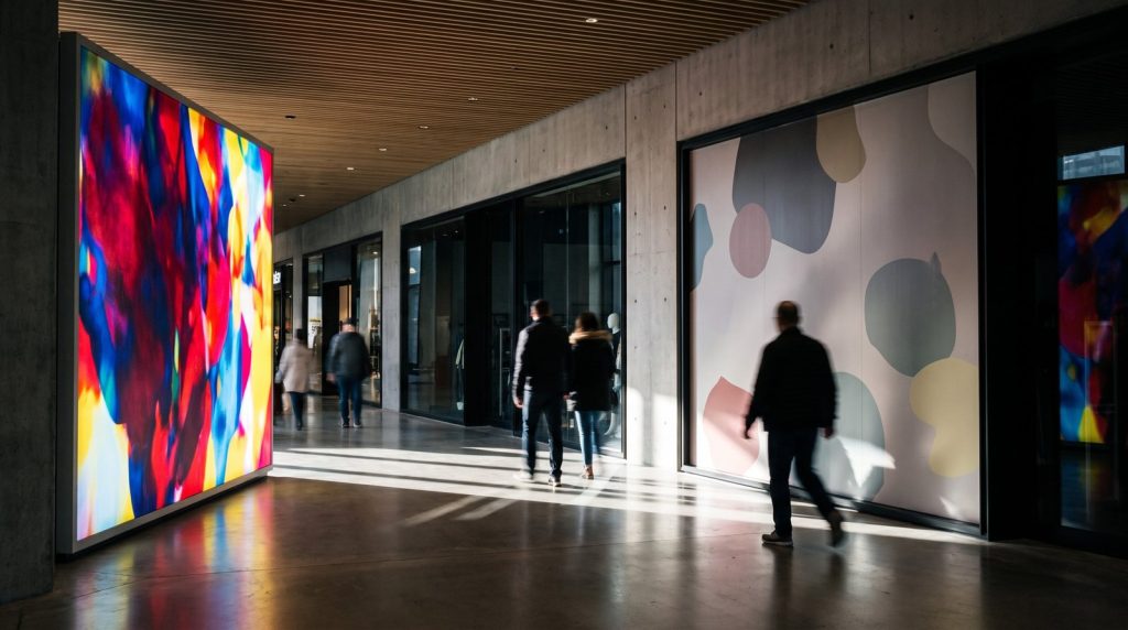 Backlit SEG fabric lightbox sign glowing next to a matte printed wall graphic in a mall corridor
