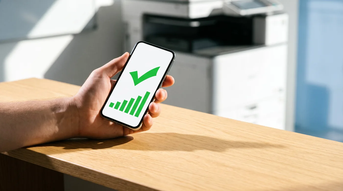 Phone showing a green check and a rising savings chart