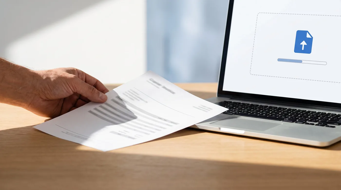 Sliding a copier lease invoice next to a laptop upload screen