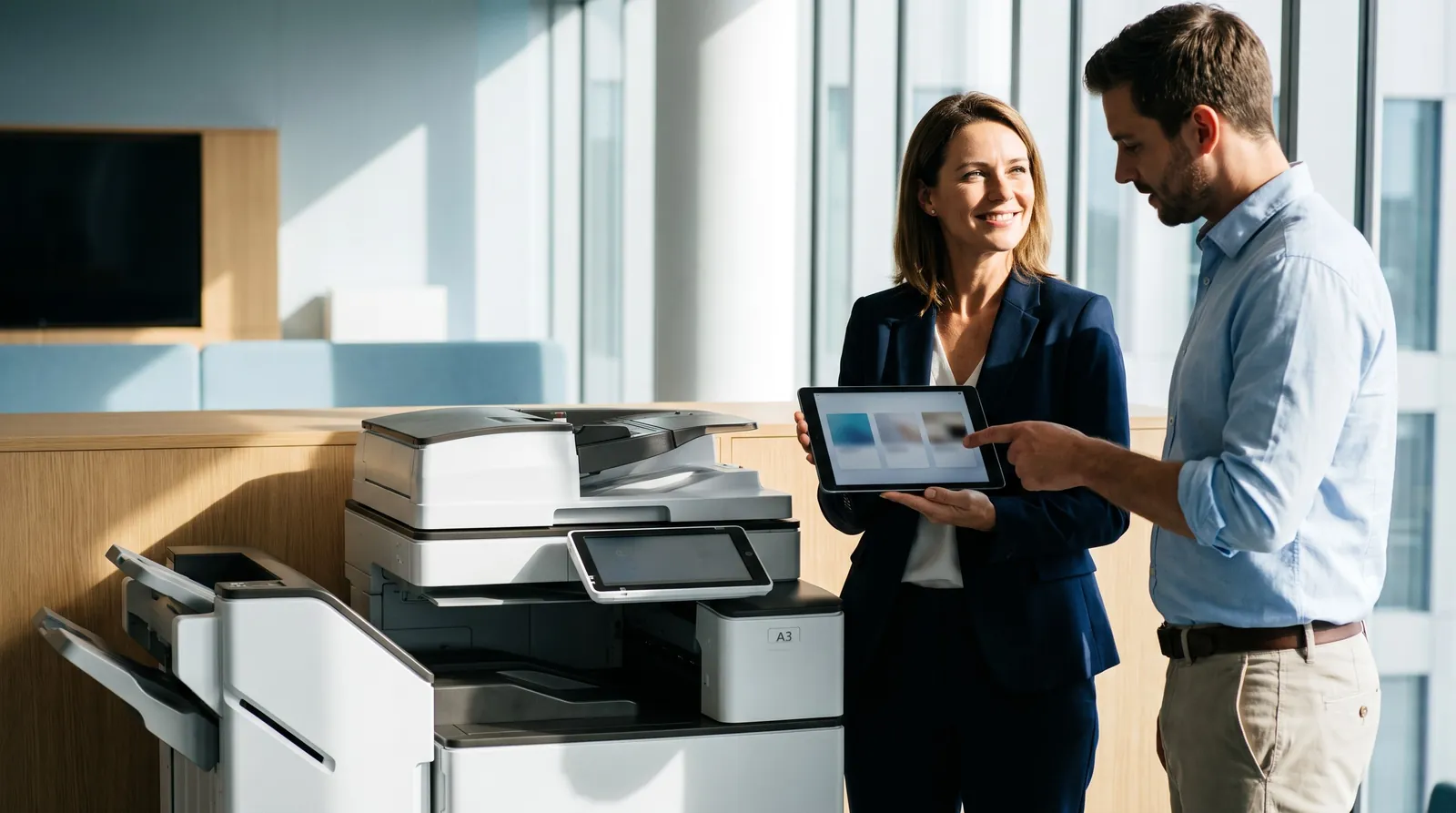 Office manager and a colleague comparing three copier quote options on a tablet next to a new A3 color copier