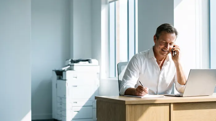 Business owner on a call describing his office printing needs