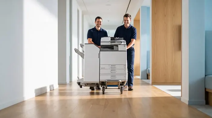 Two technicians delivering a new copier