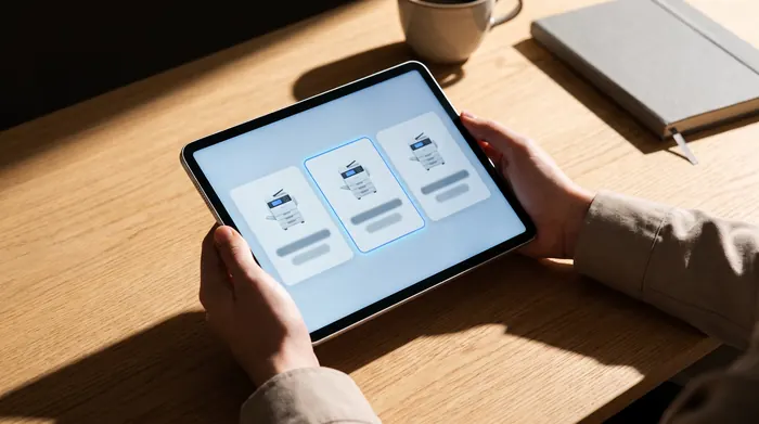 Tablet showing three copier options side by side