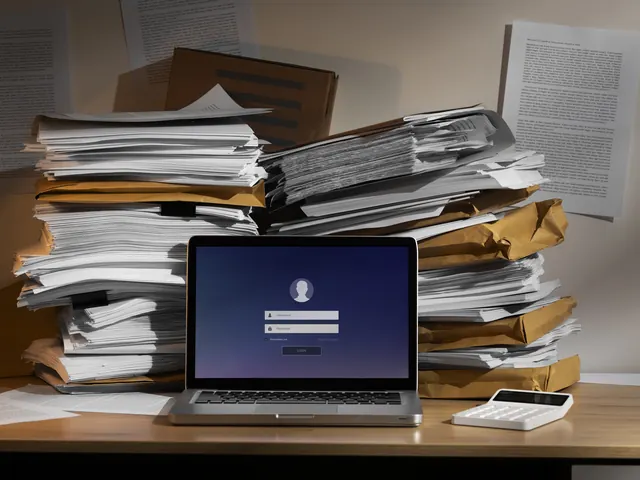 Stacks of paper files next to a laptop