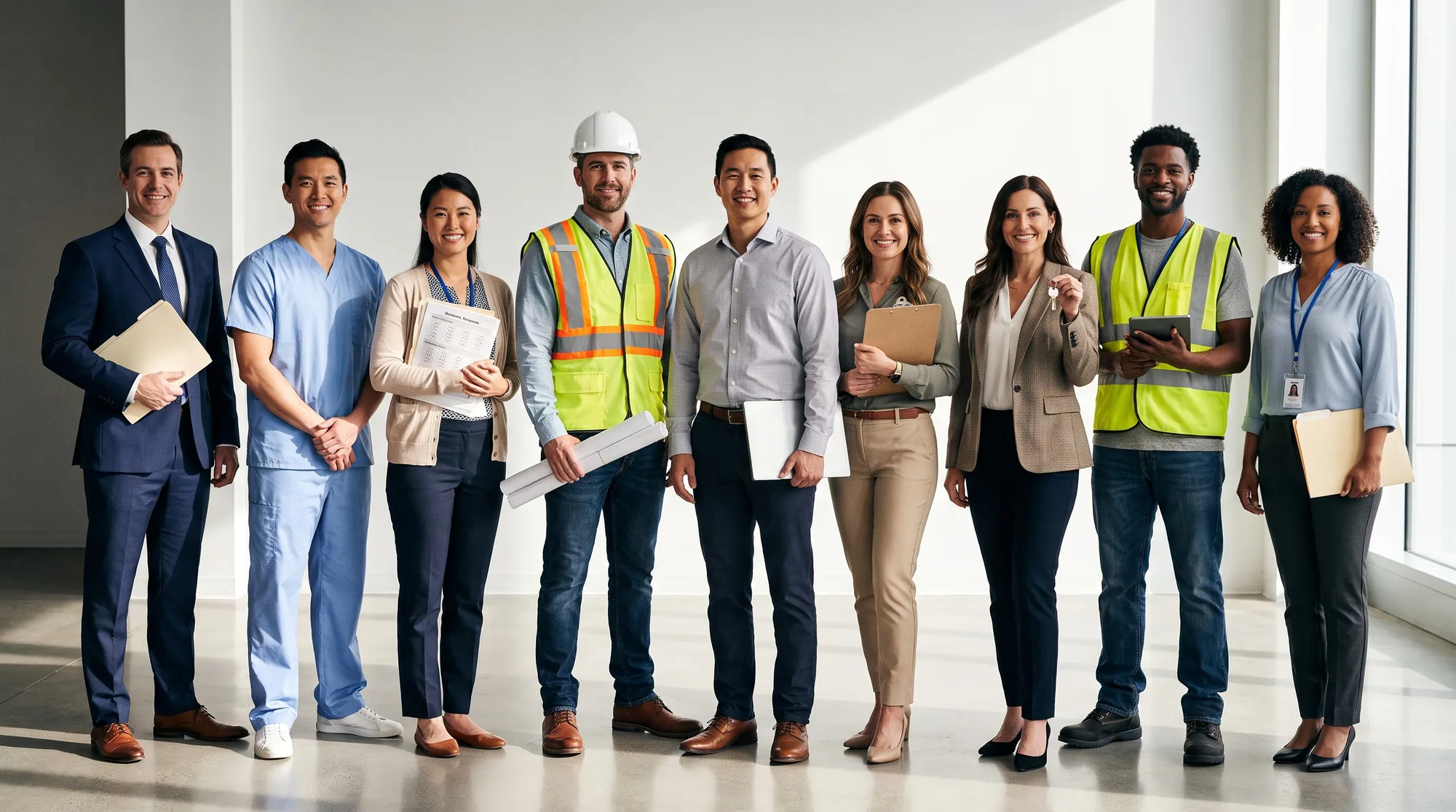 Nine professionals side by side: an attorney, a dentist, a teacher, a construction manager, an accountant, an insurance agent, a real estate agent, a warehouse worker and a government clerk