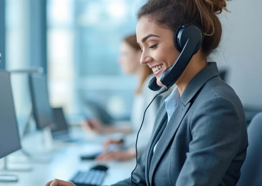 A smiling receptionist taking a call on a headset