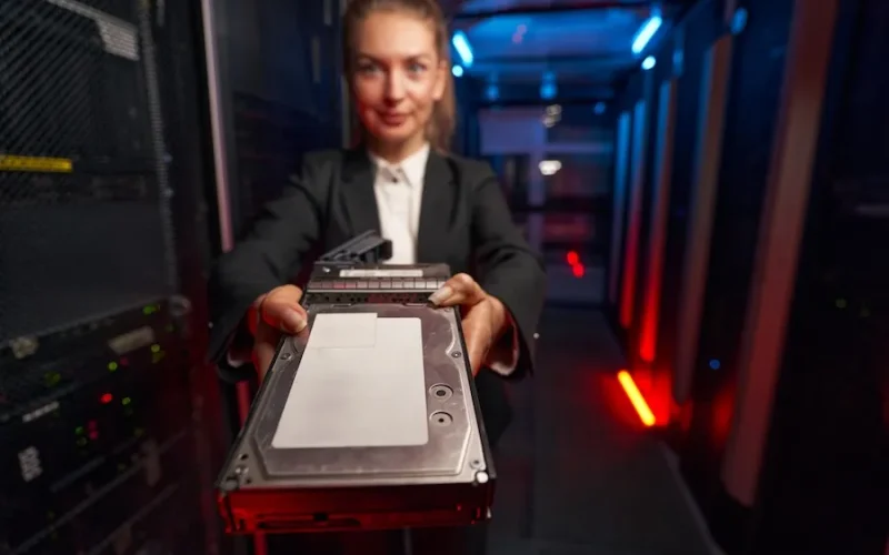 female_technician_holding_hard_drive Computer Forensics Services