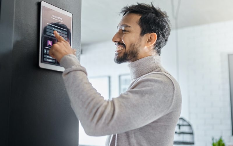 Smart home technology wall system or man with digital dashboard screen for room lighting safety s