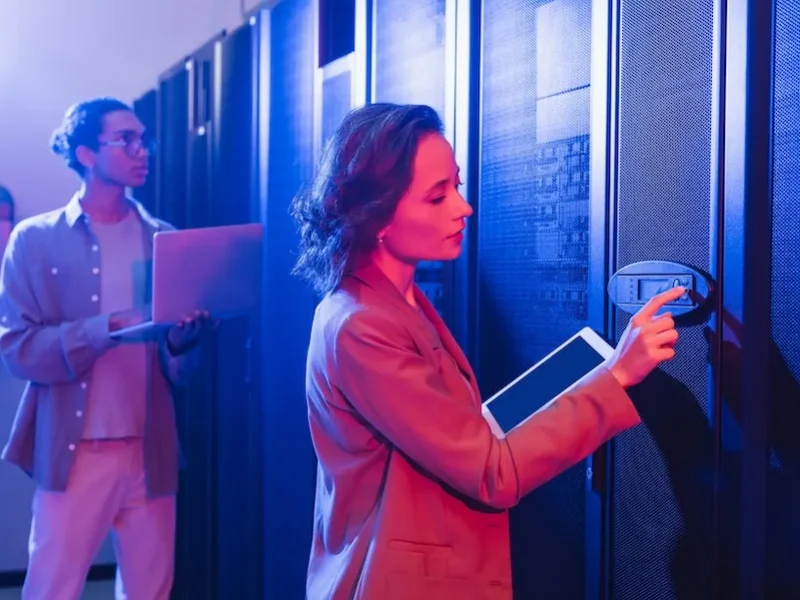 Young engineer checking server